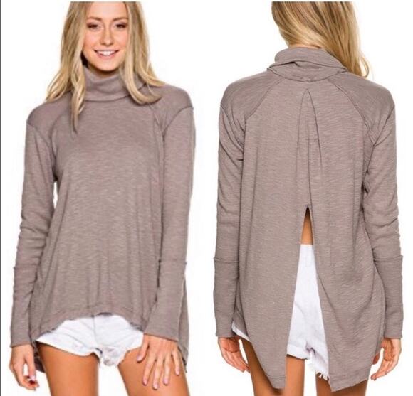 Free People Tops - Free People Top Split Back Turtleneck Nutmeg Brown Blouse S Sweater Shirt Boho